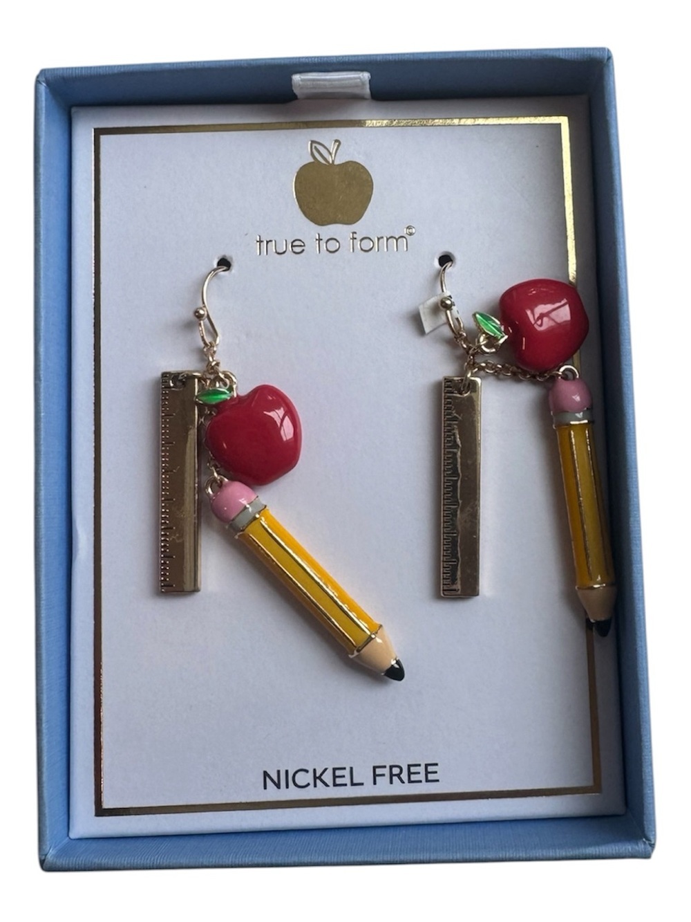 True To Form Apple, Pencil & Ruler Drop Earrings - Red, Yellow, Gold